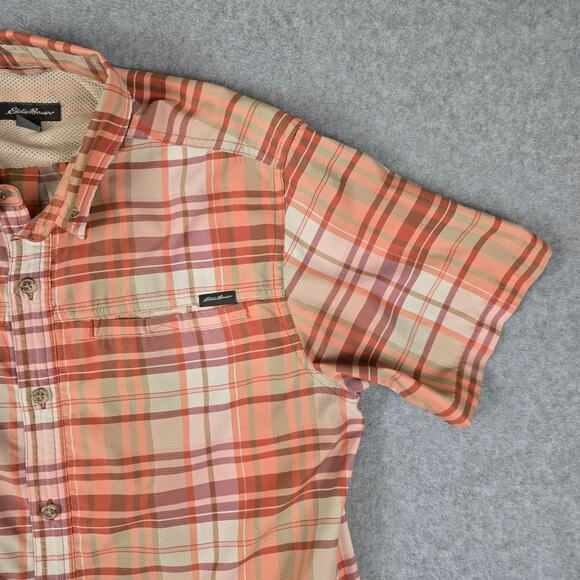 Eddie Bauer Shirt Mens Size Medium Short Sleeve Button Down Peach color Plaid - Picture 7 of 16